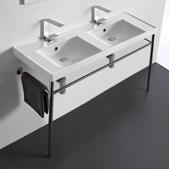 Console Bathroom Sink Double Basin Ceramic Console Sink and Polished Chrome Stand Scarabeo 3006-CON